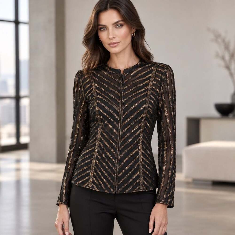 Chico's Travelers Collection Jacket Size 1 Black Gold Animal Stripe